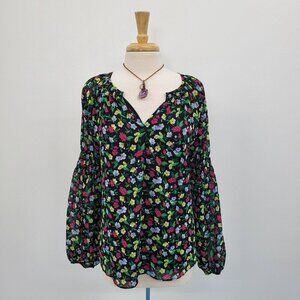 Ann Taylor Womens Floral Split Neck Smocked Sleeve Blouse Top Size XL Multicolor